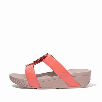 Fitflop Lottie Jungle Leaf Patent Slides - Sandalen Damen - Koralle Rosa (NWM652473)